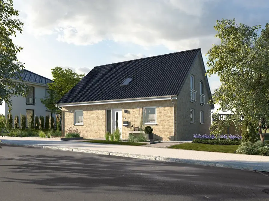 Mit modernem Eingangsbereich präsentiert sich das Mitwachshaus Flair 148 in der Klinker 1 Variante von der Straße aus. Einladend und zeitgemäß gestaltet, bietet es ein attraktives Erscheinungsbild.