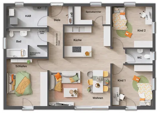Grundriss Variante 4 mit offener Küche und Walk-In-Dusche Grundriss Bungalow 110 mit Speisekammer, offener Küche, Gäste-WC und begehbarer Dusche